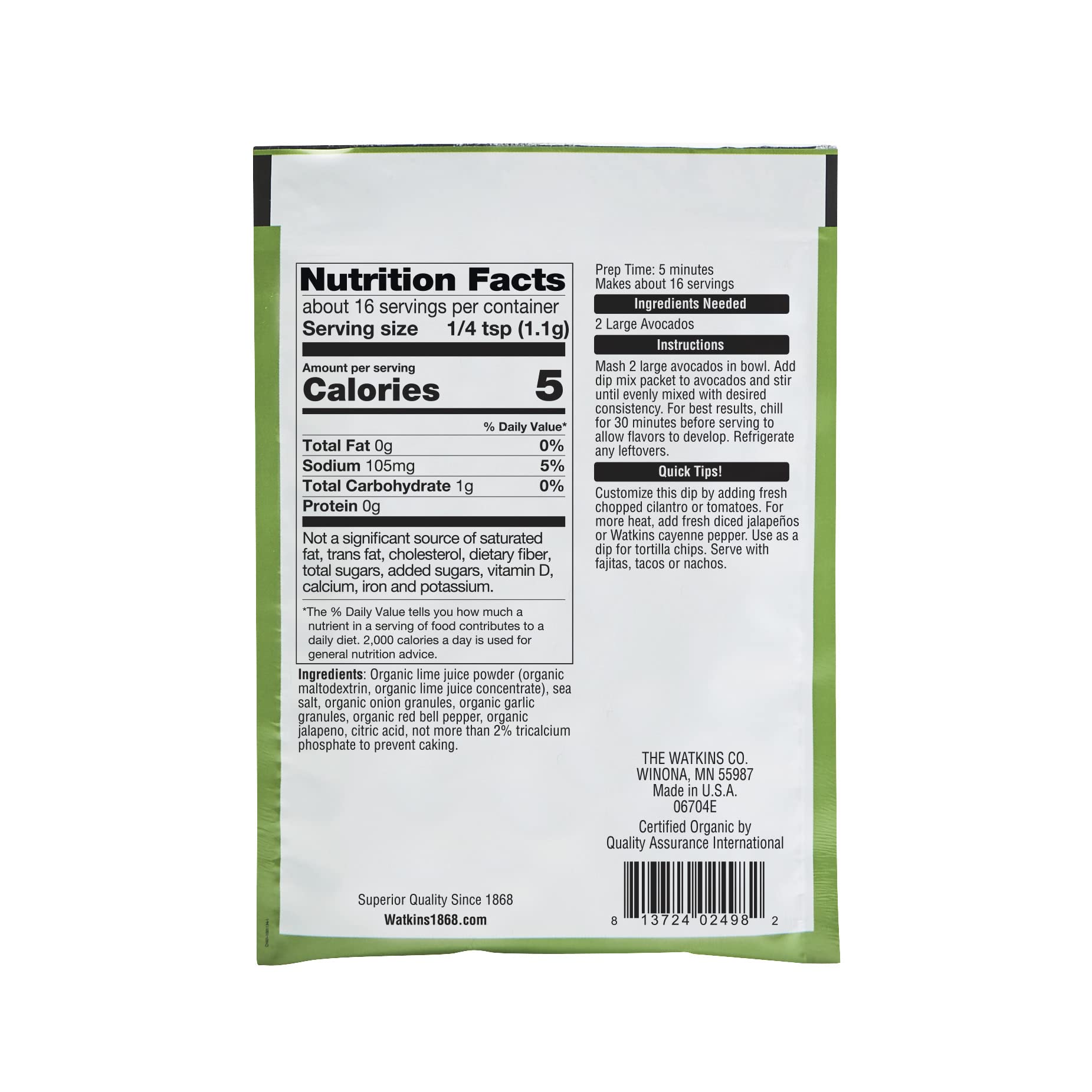 Watkins Organic Gourmet Dip Mix, Guacamole, 0.63 Ounce (Pack of 12) - Image 3